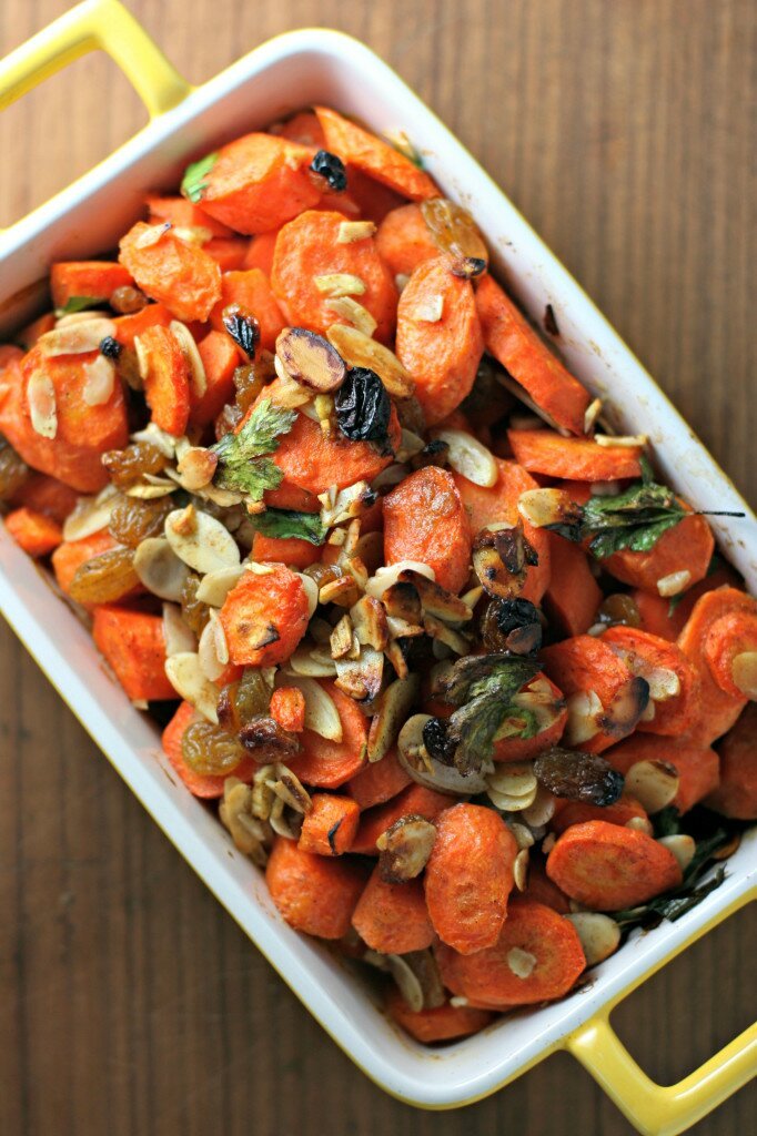 roasted spiced carrots with golden raisins and almonds vegan gluten free recipe