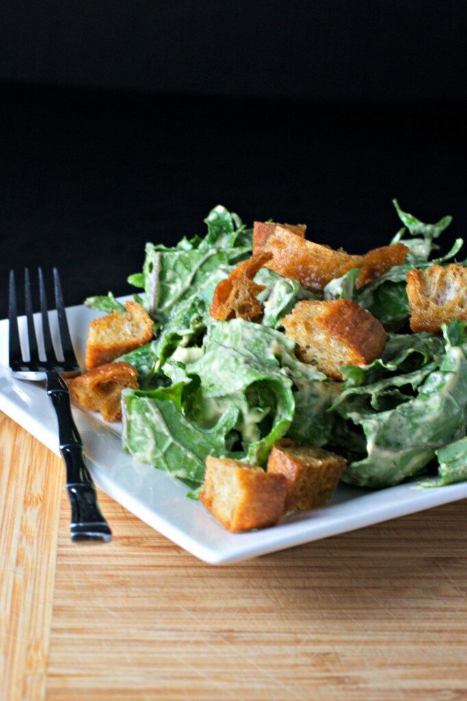 vegan kale ceasar salad with garlic crutons gluten free recipe